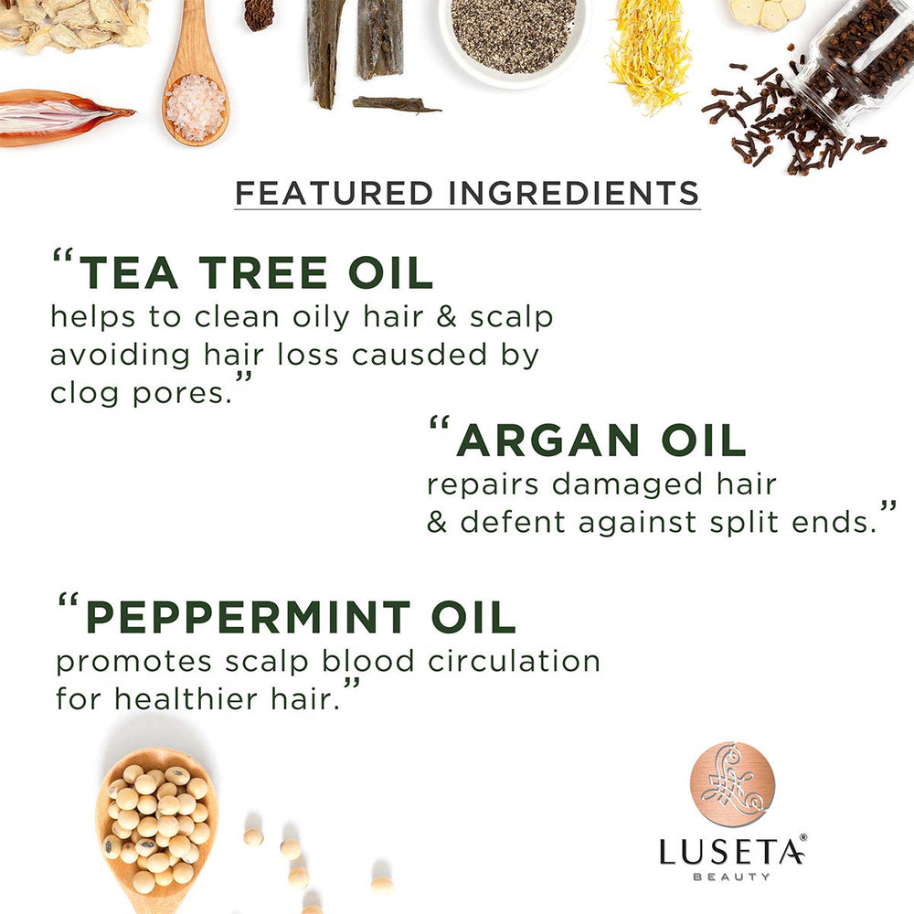 L LUSETA Tea Tree Oil Conditioner label highlights sulfate-free formula.