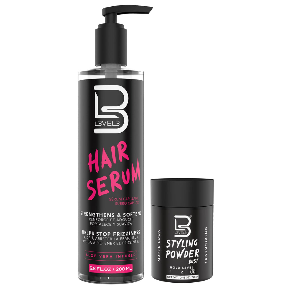 L3 Level 3 Hair Serum bottle showing silky, frizz-free shine promise.
