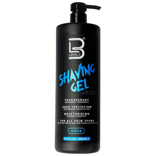 L3 Level 3 Shaving Gel in aqua bottle with a clear formula for precise shaves.