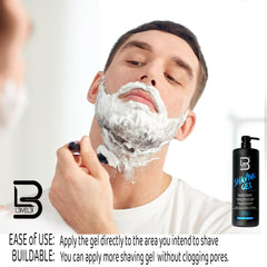L3 Level 3 Shaving Gel demonstrates transparent formula for easy blade tracking.