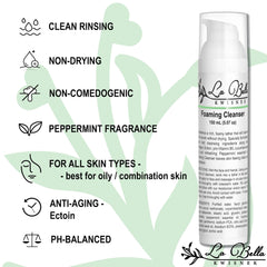 La Bella Kwisnek foaming cleanser on a sink counter, suggesting a premium daily routine.