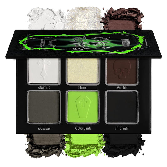 La Catrina Green Brown Eyeshadow Palette front shows six bold shades for versatile looks.