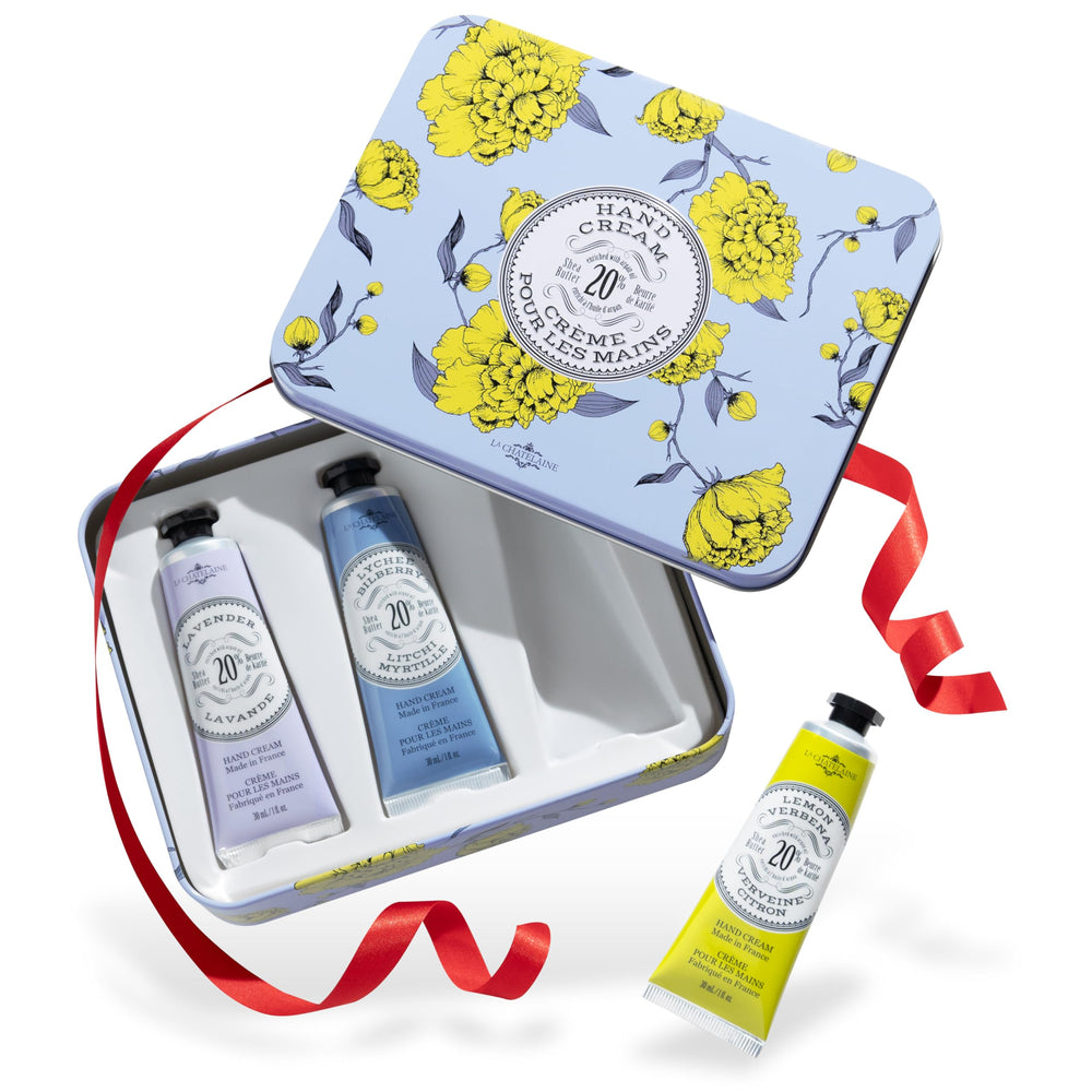 La Chatelaine hand cream trio front tin for elegant gifting and soft hands.