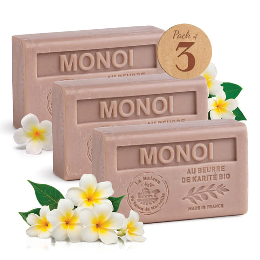 La Maison du Savon de Marseille Monoi bar trio packaging, gift-ready.