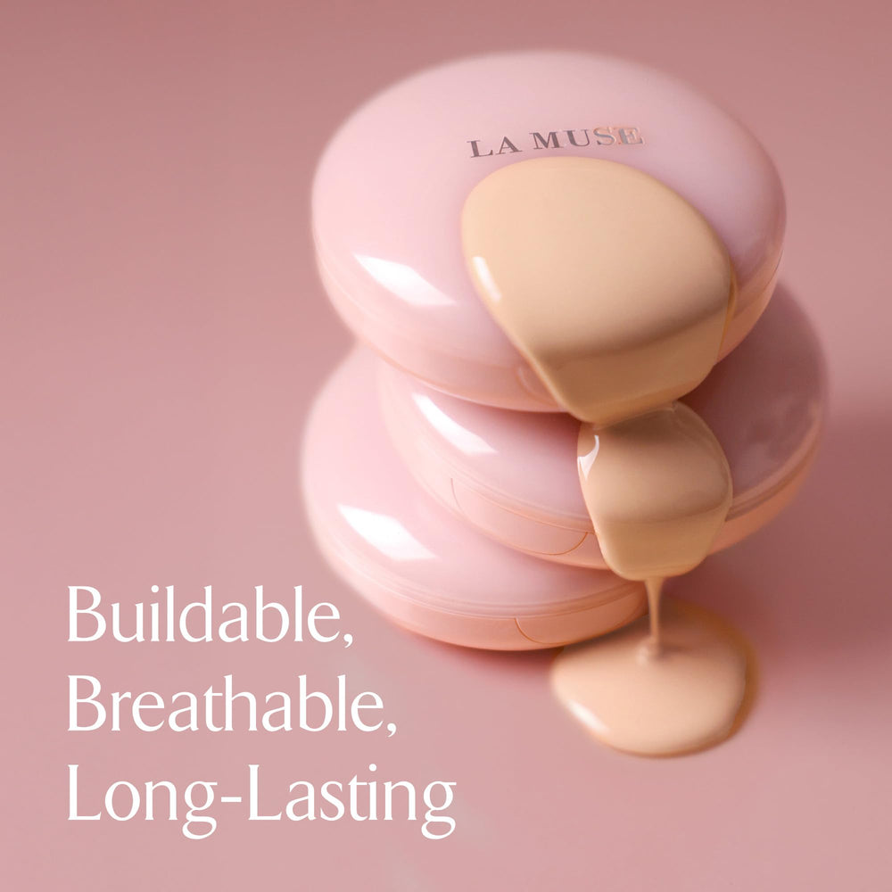 LA MUSE cushion shows 65% hydration essence and Jeju minerals for nourished skin.