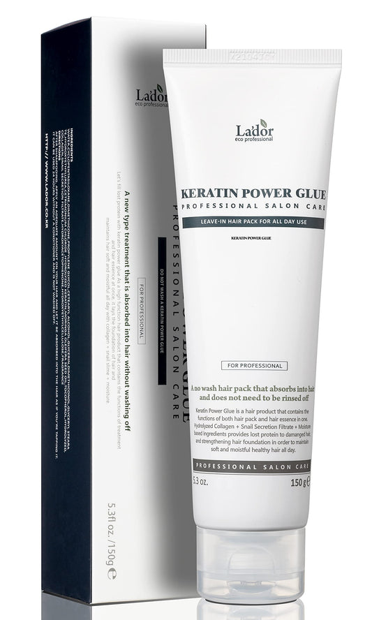 LA'DOR Keratin Power Glue bottle close-up showing nourishing formula for dry hair.