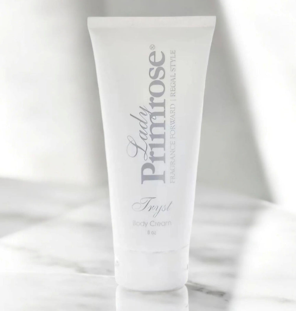 Lady Primrose Tryst body cream jar refill emphasizes sustainable luxury moisturization.