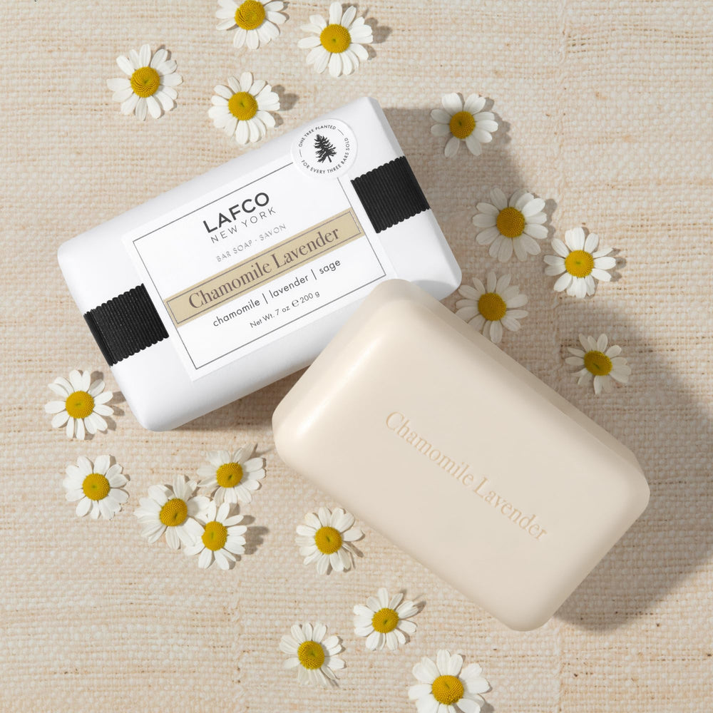 Bedroom mood scene featuring LAFCO New York bar soap for calming bath time