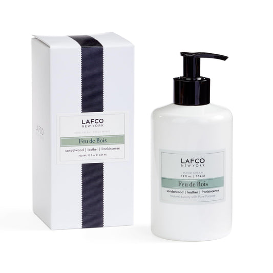 LAFCO New York Feu de Bois hand cream 12oz jar provides intense hydration for dry hands.