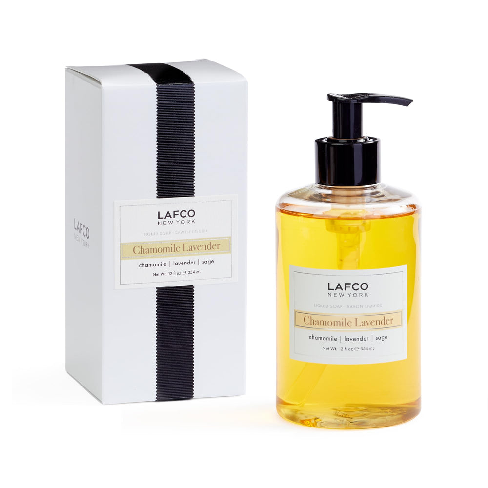 LAFCO New York Liquid Soap Chamomile Lavender bottle closeup showing olive oil hydration