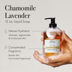 LAFCO New York Chamomile Lavender hands lather image indicating gentle cleansing