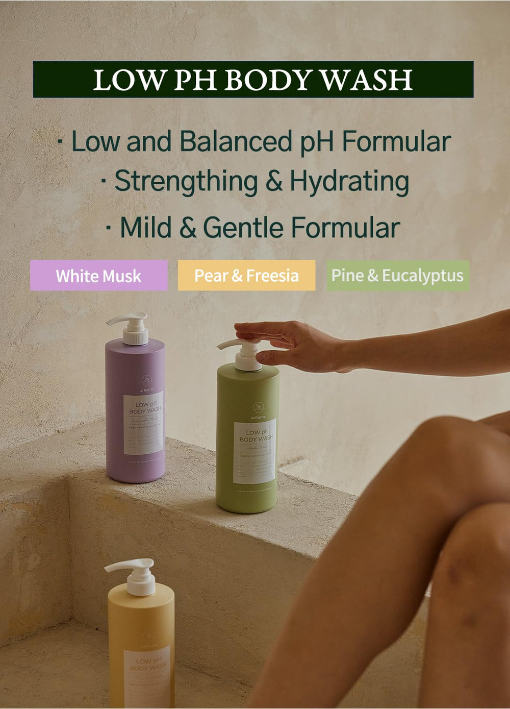 Laferme body wash pump showing rich foam ideal for daily cleansing.