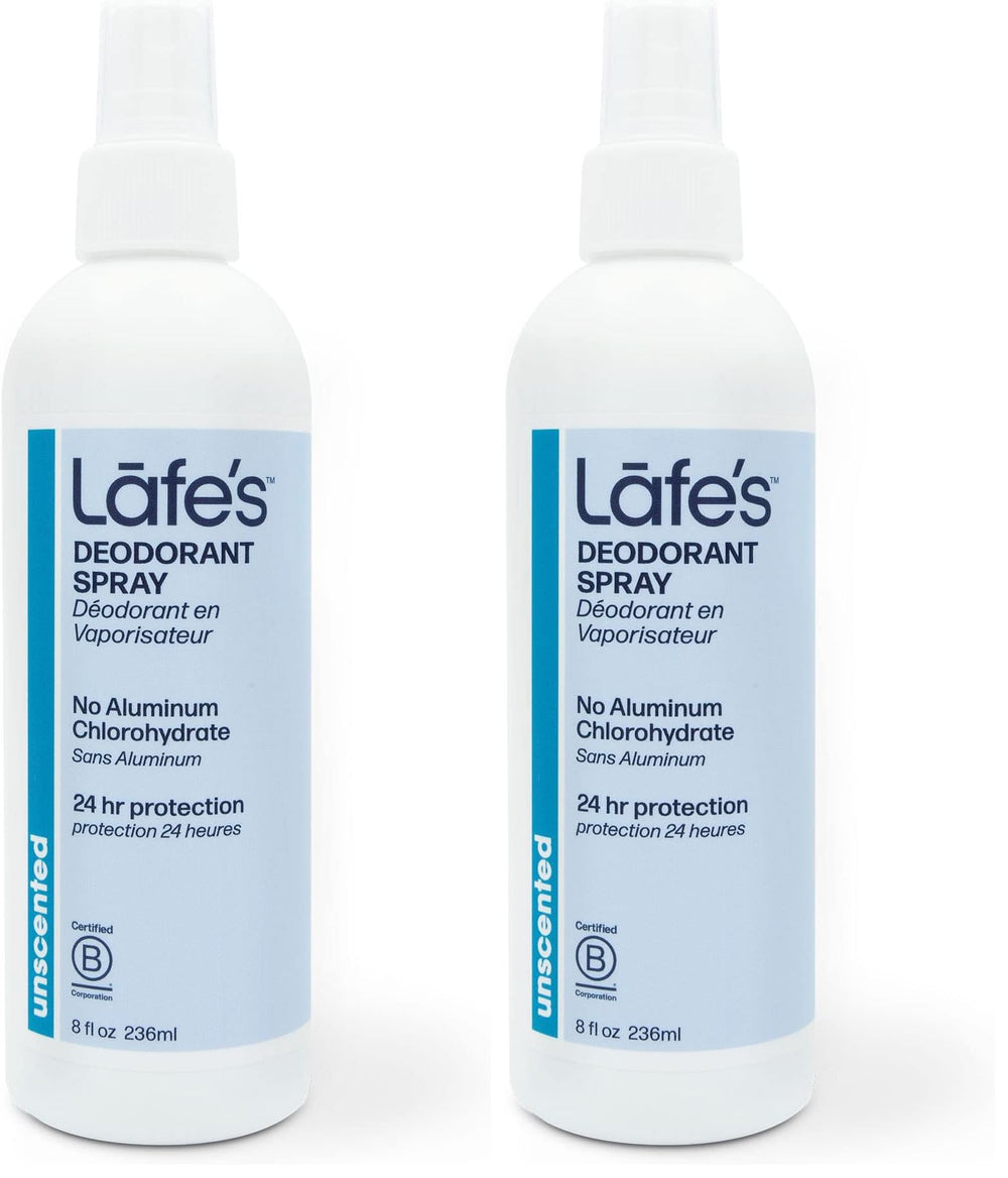 Lafe's unscented deodorant spray in an 8oz bottle for instant under-arm refreshment.