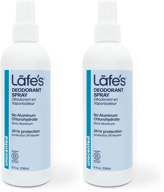 Lafe's unscented deodorant spray in an 8oz bottle for instant under-arm refreshment.