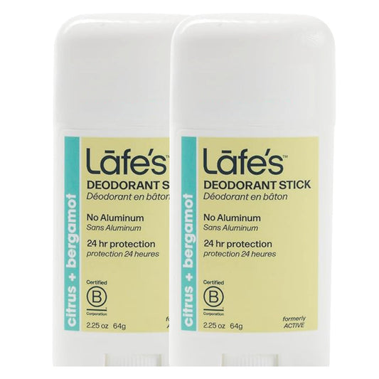 Lafe's Citrus & Bergamot deodorant stick front view showing aluminum-free formula.