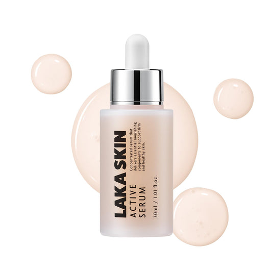 Laka Skin Active Serum bottle close-up highlighting glow-friendly formula
