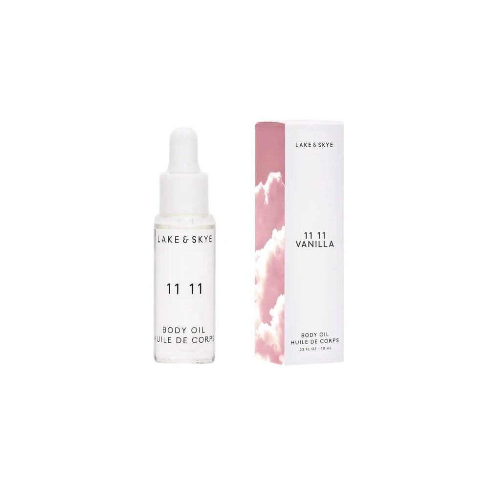 Lake & Skye 11 11 Vanilla Body Oil bottle pour delivers quick hydration and soft musk.