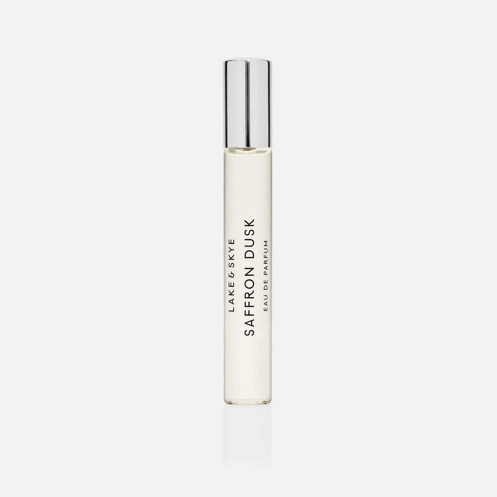 Lake & Skye Saffron Dusk purse spray bottle front view, ideal for on-the-go fragrance.