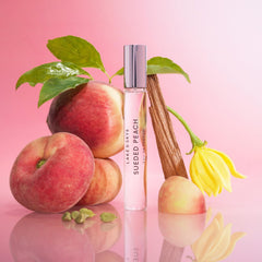 Lake & Skye Sueded Peach purse spray base notes of cedarwood and sandalwood for depth