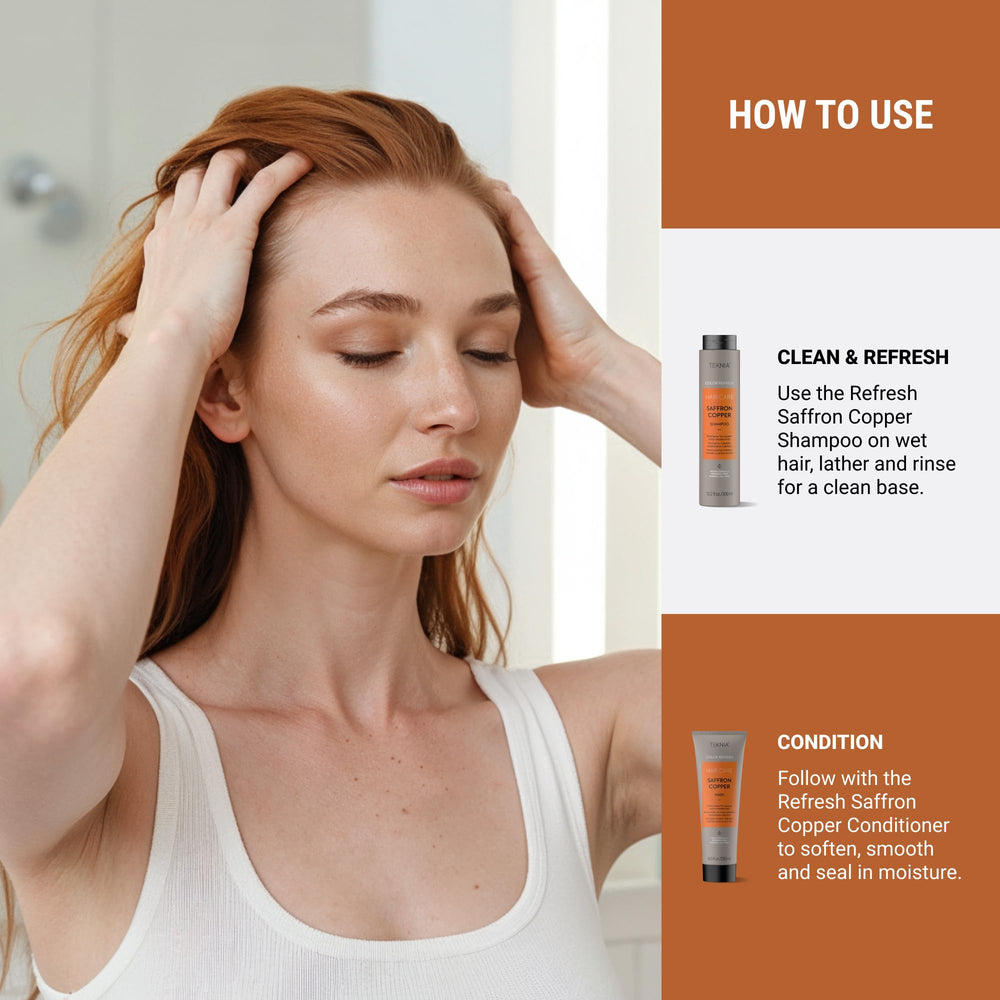 Lakmé Teknia Refresh Saffron Copper label showcases sustainable and vegan messaging.