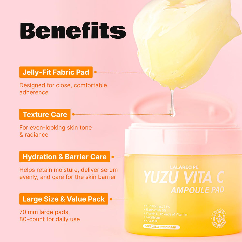 LALARECIPE Yuzu Toner Pads jar displays 80 pads for full-face use.