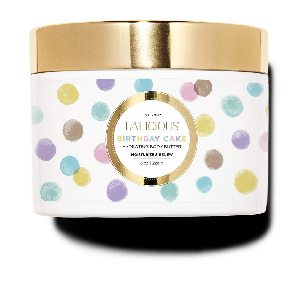 LaLicious Birthday Cake Shimmering Butter jar with soft pink glow for hydrated skin