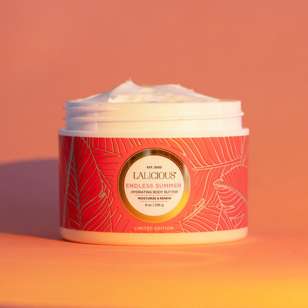 LaLicious Endless Summer Body Butter jar lid close-up showing simple application.