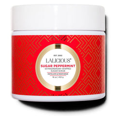 LaLicious Sugar Peppermint whipped scrub bottle close-up for cooling exfoliation.