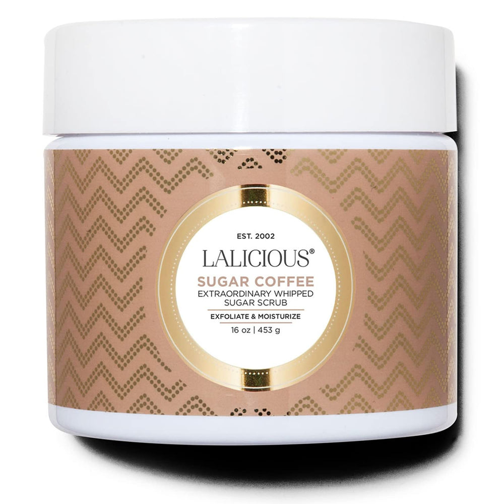 LaLicious Whipped Sugar Scrub Sugar Coffee jar closeup for smooth skin.