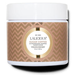 LaLicious Whipped Sugar Scrub Sugar Coffee jar closeup for smooth skin.