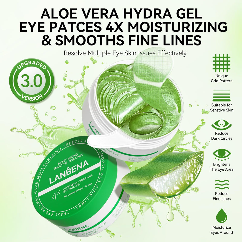 LANBENA Aloe Vera Under Eye Patches close-up texture showing cooling gel for refreshed under-eye skin.