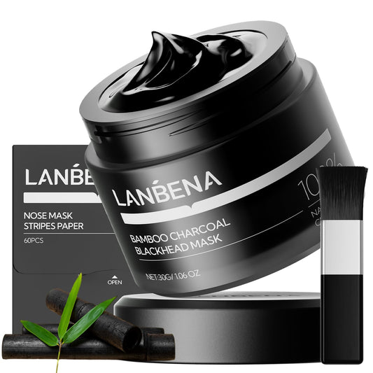 LANBENA Upgraded 2.0 bamboo charcoal nose-strip packaging highlights pore purification benefits.
