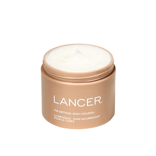 Lancer The Method Body Nourish Cream bottle demonstrates hydration for radiant skin.