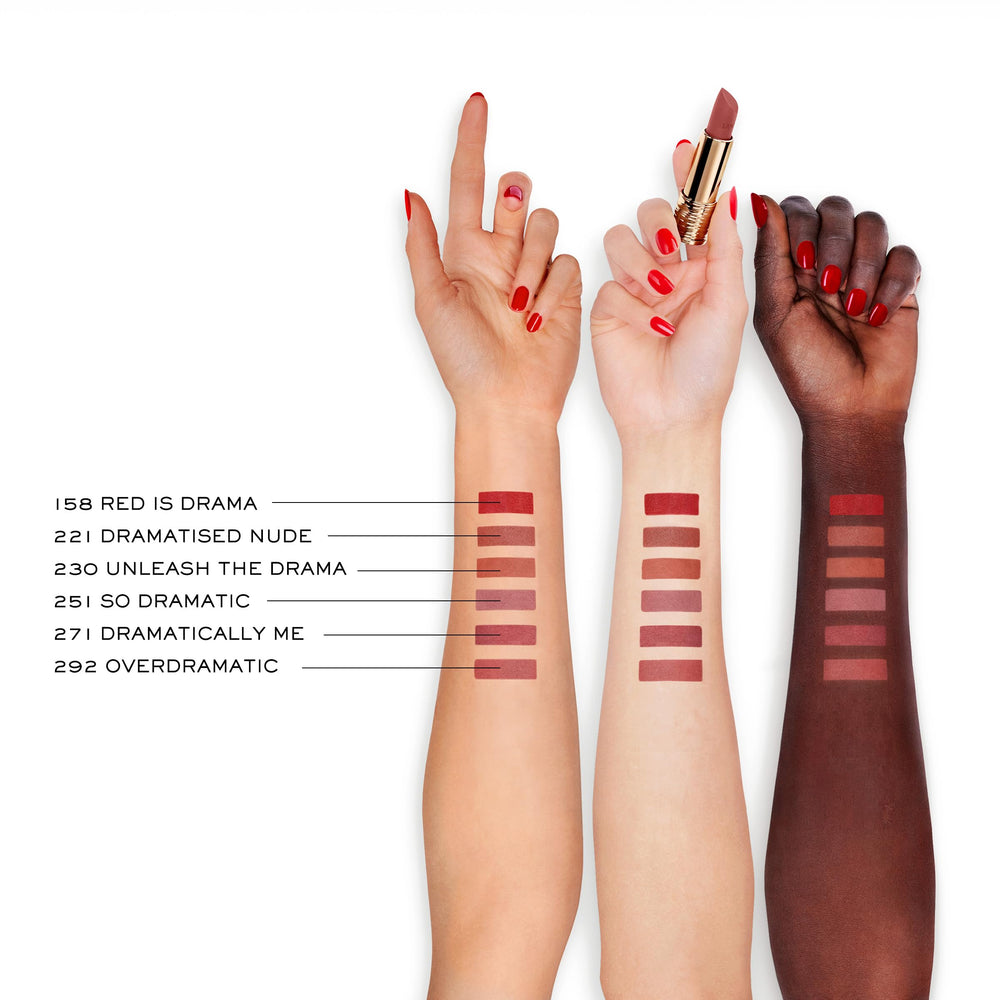 Lancôme L'Absolu Rouge Drama Matte 221 hydration focus highlights comfortable lips.
