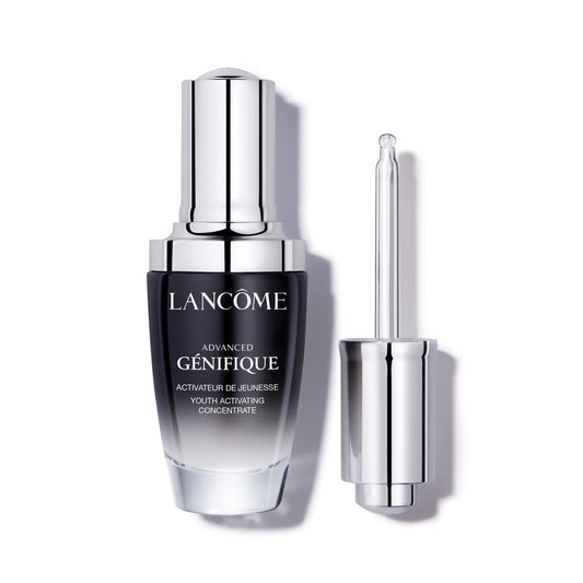 Lancôme Advanced Génifique bottle close-up highlighting hydration and glow.