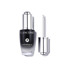 Lancôme Génifique Ultimate Recovery Serum bottle closeup highlights premium packaging for radiant skin.