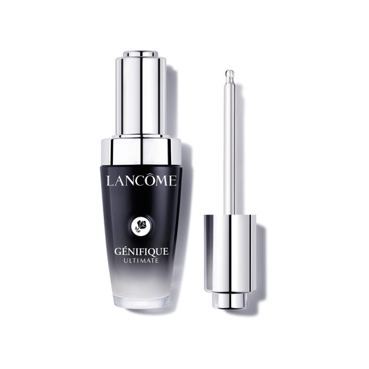 Lancôme Génifique Ultimate Recovery Serum bottle emphasizes premium packaging and hydration.