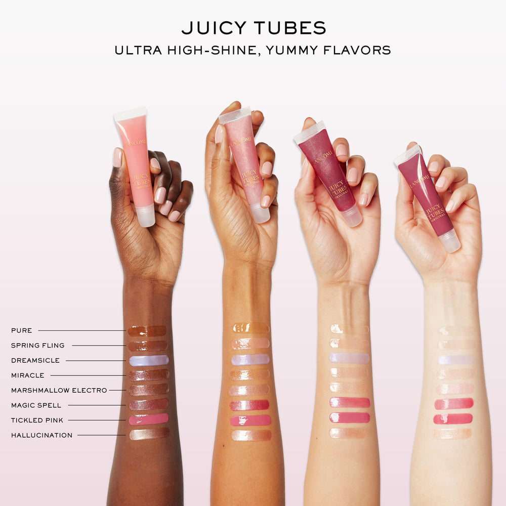 Lancôme Juicy Tubes hydration close-up illustrating plush, hydrated lips.