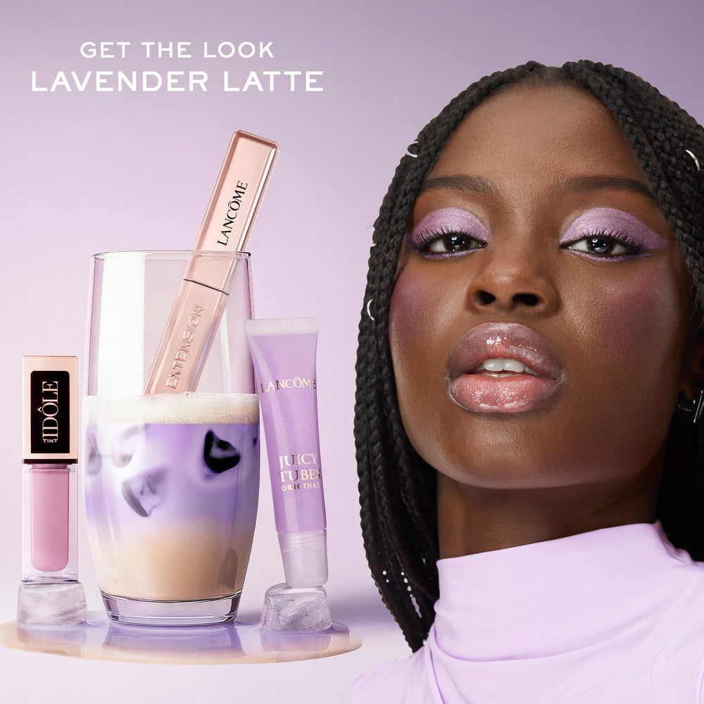 Lancome Juicy Tubes Lavender Latte swatch showing soft lavender shine.
