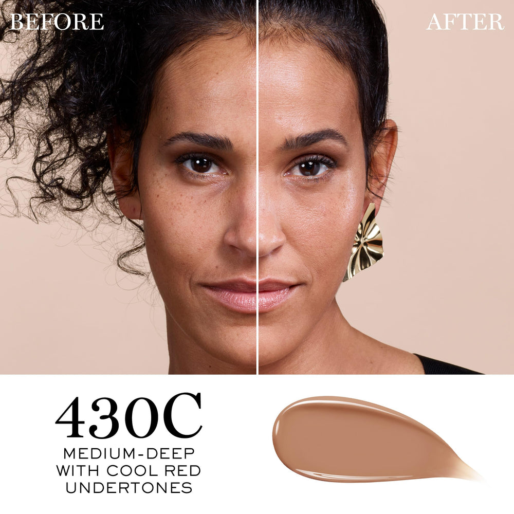 Close-up of serum-base texture highlighting hydration in Lancôme foundation.