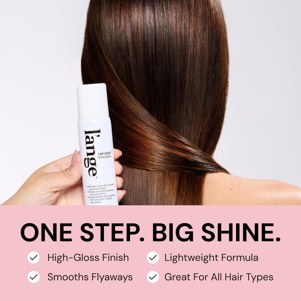 Flyaways smoothed with L’ange Top Coat Shine Spray for a sleek look