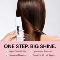 Flyaways smoothed with L’ange Top Coat Shine Spray for a sleek look