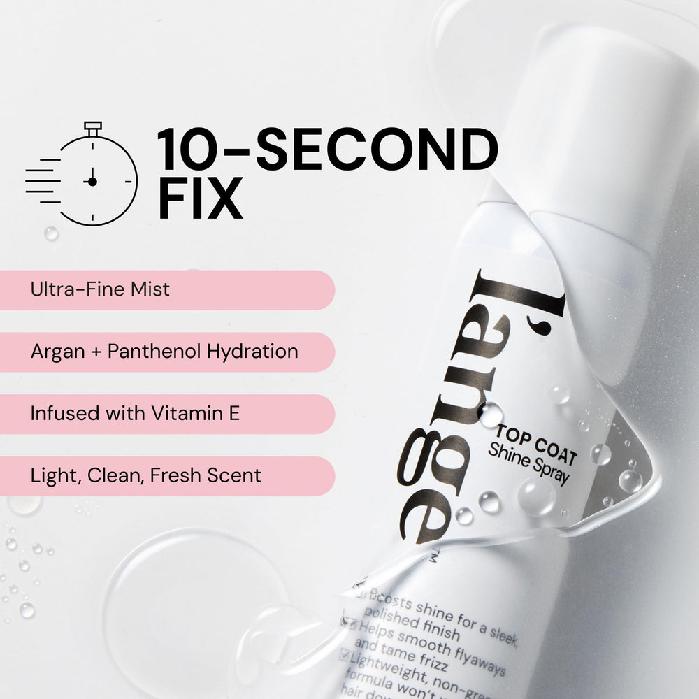 Styled hair with a glossy finish using L’ange Top Coat Shine Spray