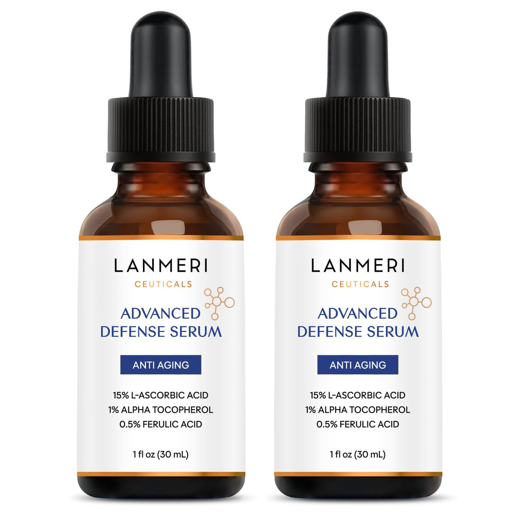 Lanmeri Ceuticals serum bottle front with amber airless design preserves potency