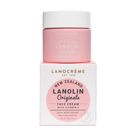 Lanocreme lanolin face cream jar with vitamin E for daily hydration and protective skin barrier.