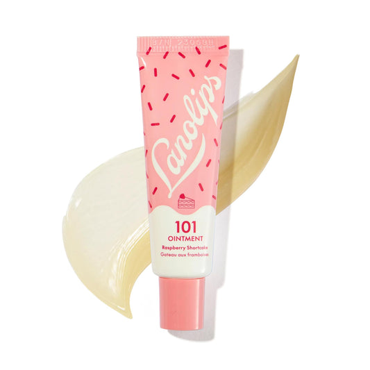 Lanolips 101 Raspberry Shortcake lip balm on lips provides moisture for dry lips.