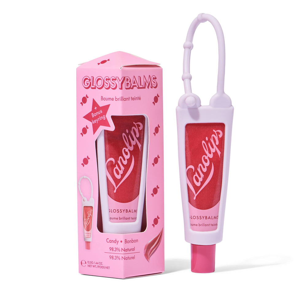 Lanolips Glossybalm Candy Bauble packaging highlights eco-friendly tube and holiday design.