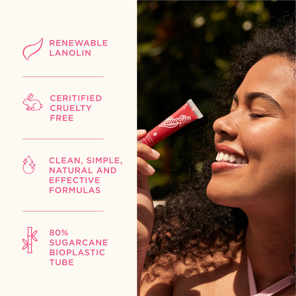 Eco-friendly sugarcane tube emphasizes sustainable packaging in Lanolips gloss balm.