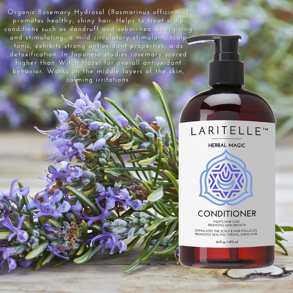 Laritelle rosemary-saw-palmetto ingredients collage emphasizes scalp-supporting extracts.