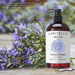Laritelle rosemary-saw-palmetto ingredients collage emphasizes scalp-supporting extracts.